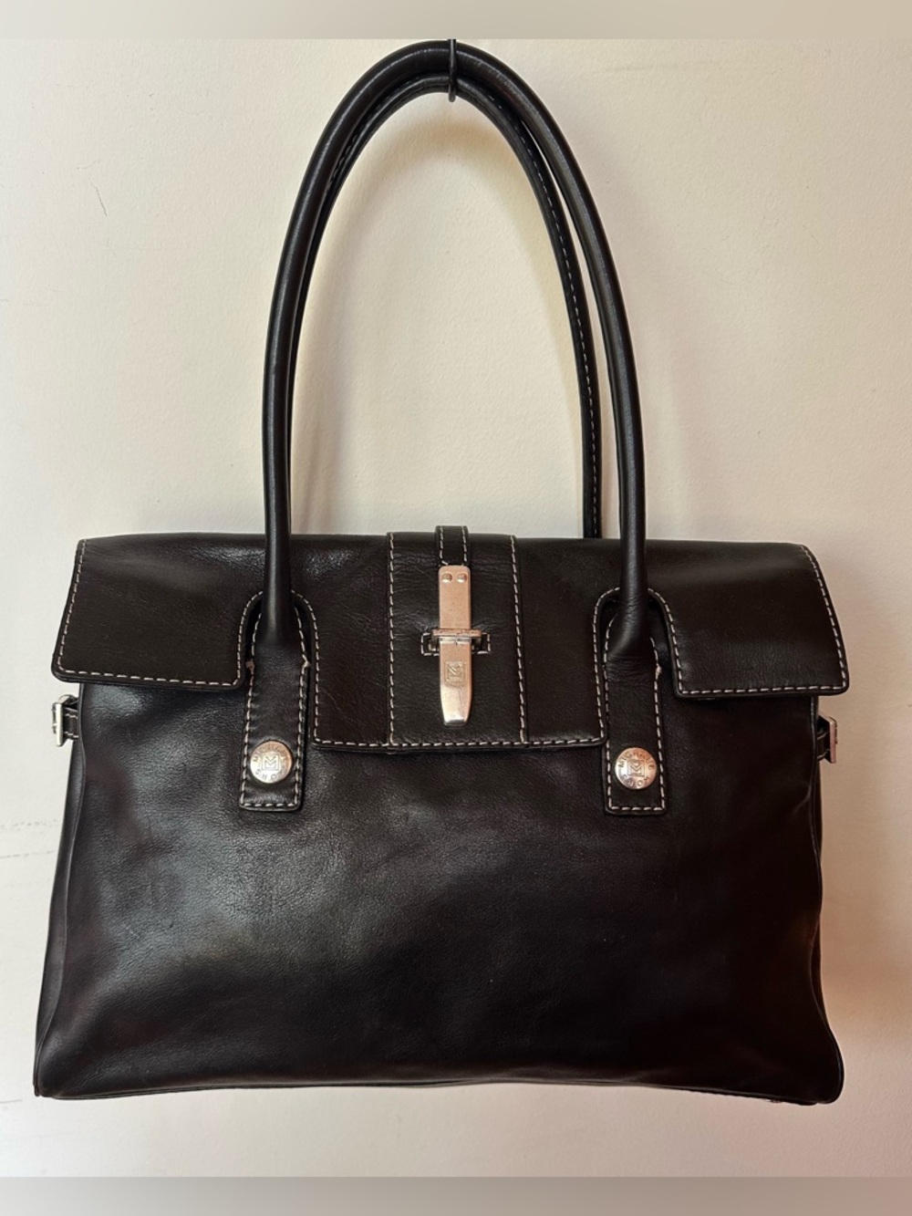 Michael Kors black soft calf leather Hudson satchel with white stitching